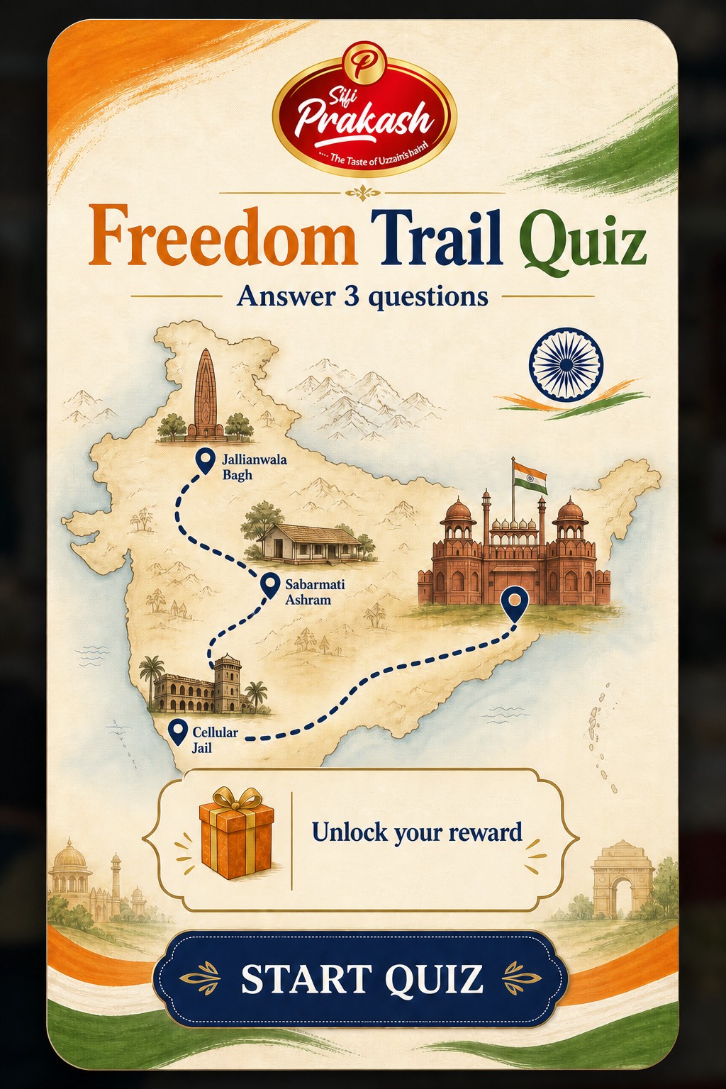 Freedom Trail Quiz with an illustrated map of India's freedom journey