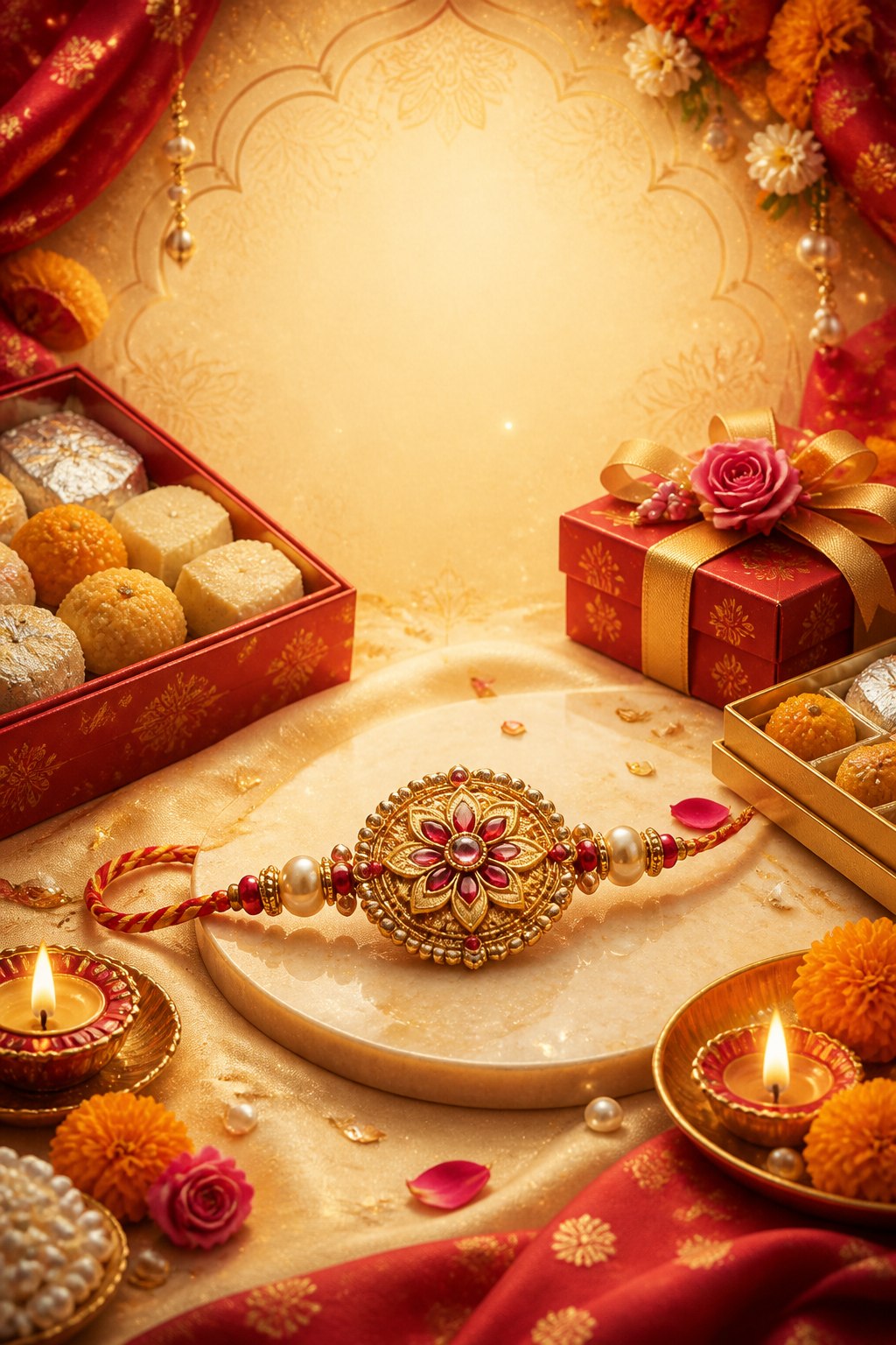 Raksha Bandhan reward game with rakhi, sweets, gifts, and festive decor